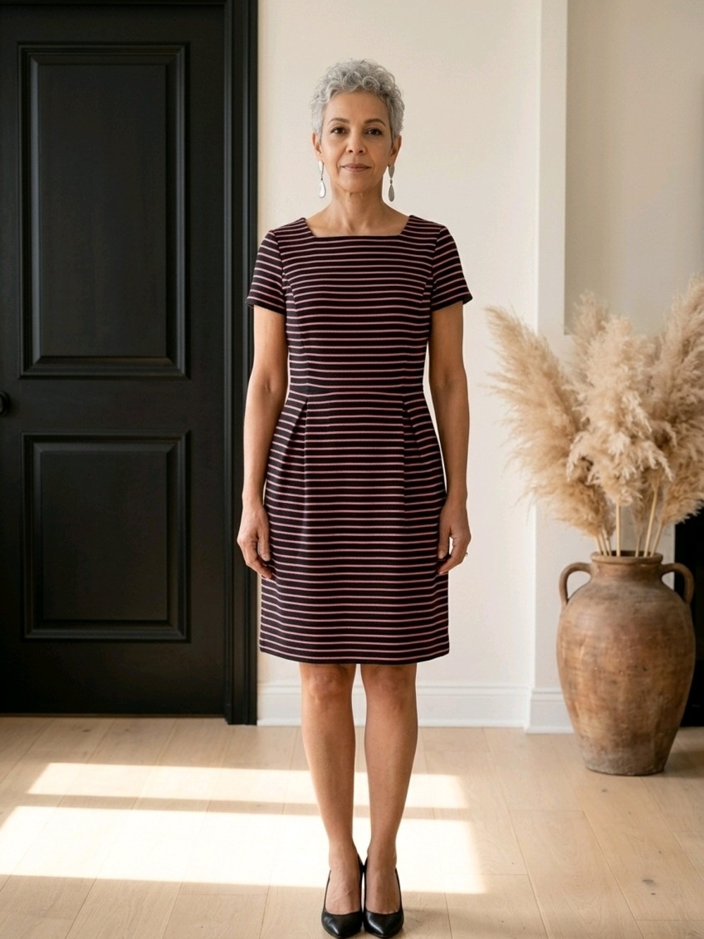 Talbots Petites Striped Fitted Dress with Square Neck